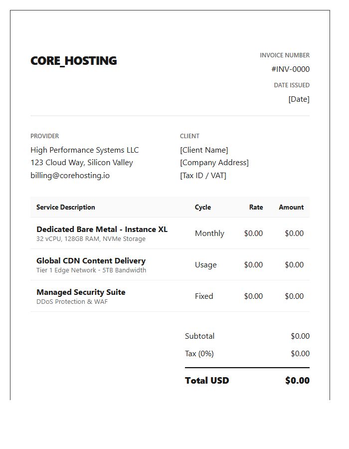 High Performance Hosting Invoice Template