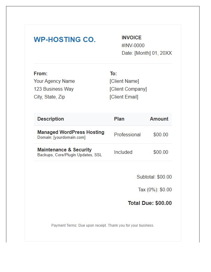Managed WordPress Hosting Monthly Invoice Template
