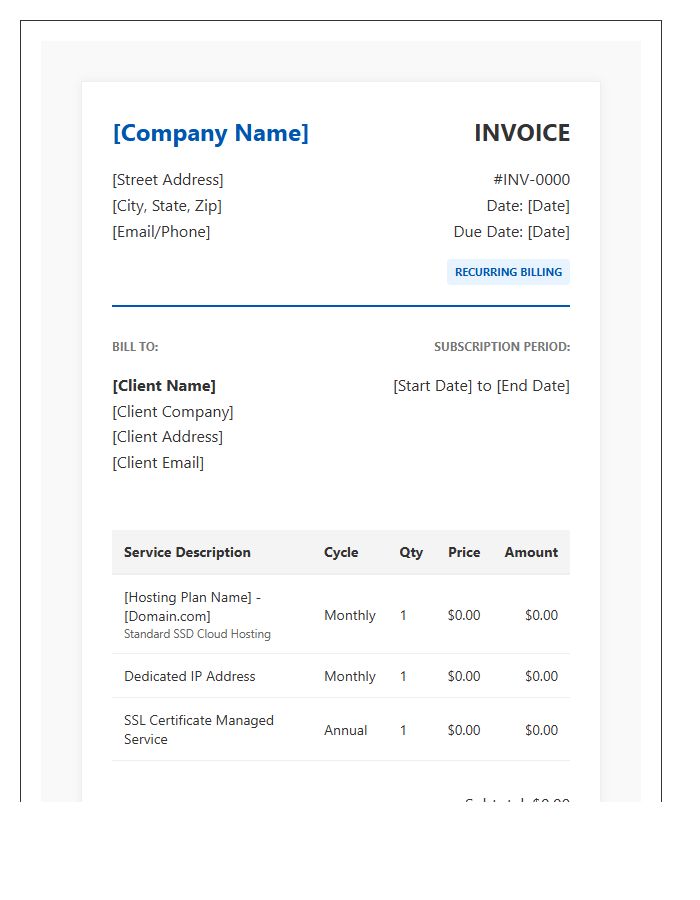 Professional Web Hosting Recurring Invoice Template