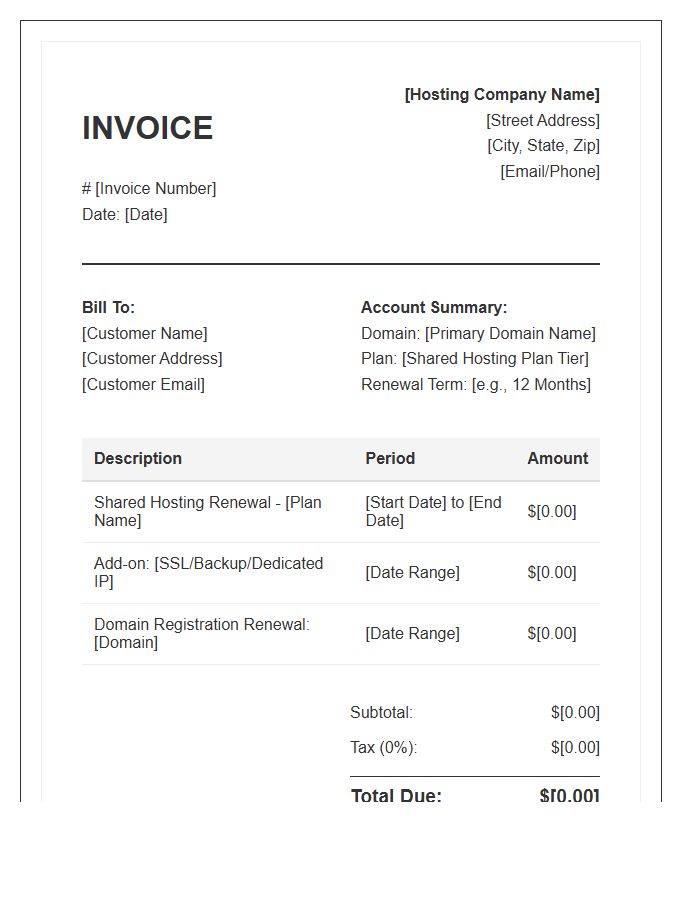 Shared Hosting Account Renewal Invoice Template