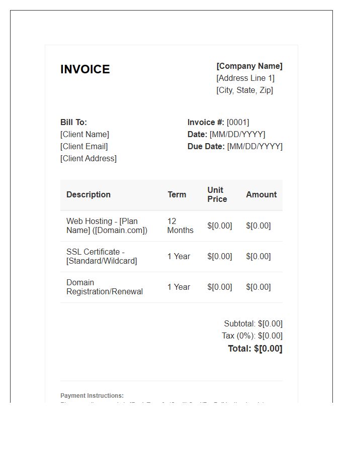SSL Certificate And Hosting Invoice Template