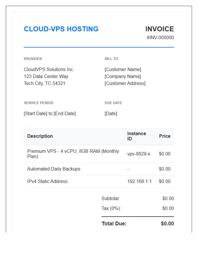 VPS Hosting Service Monthly Invoice Template