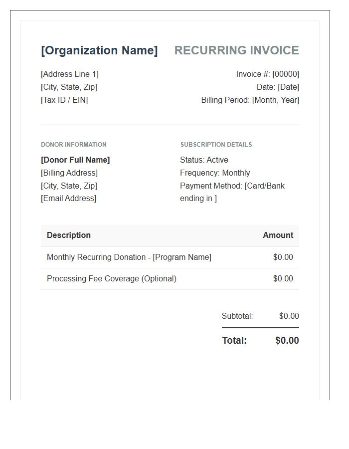 Monthly Donor Subscription Recurring Invoice Template
