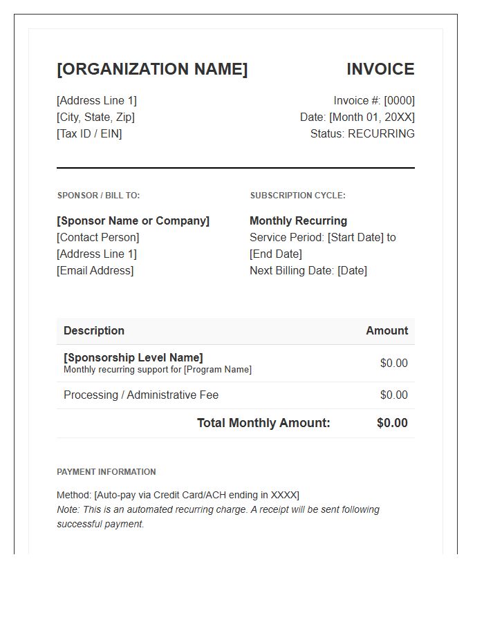 Nonprofit Monthly Sponsorship Recurring Invoice Template