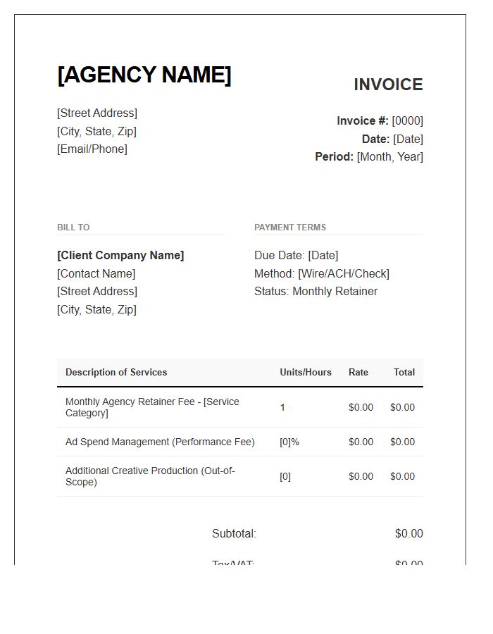 Advertising Agency Monthly Retainer Invoice Template