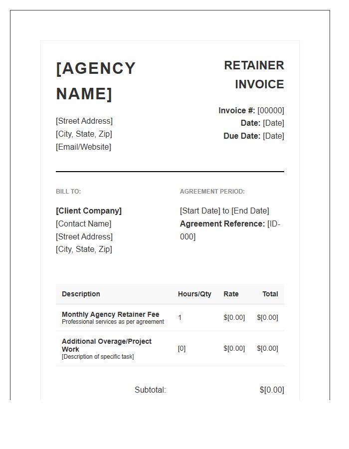 Agency Retainer Agreement Invoice Template Professional