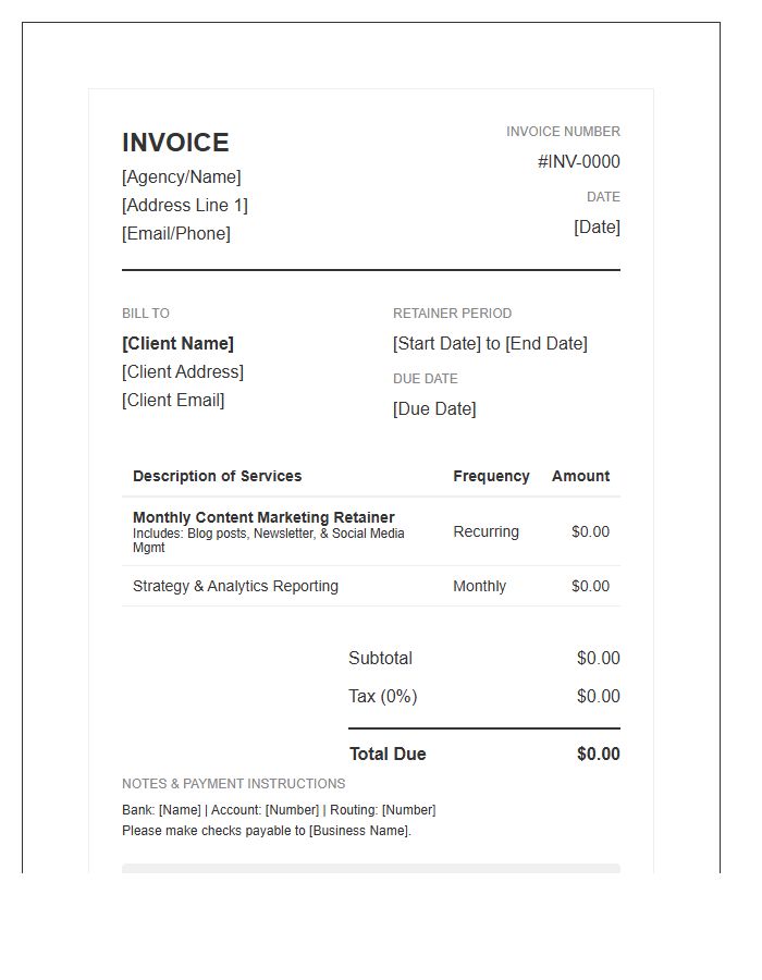 Content Marketing Retainer Invoice Template Recurring