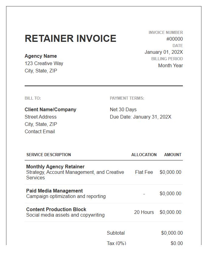 Full Service Agency Retainer Invoice Template