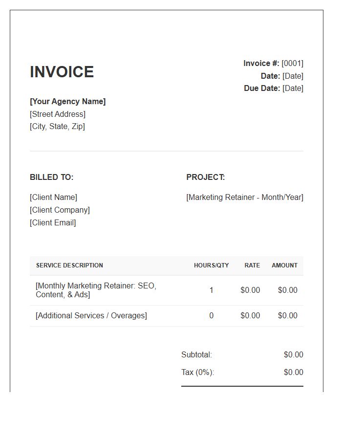 Monthly Service Retainer Invoice Template Marketing