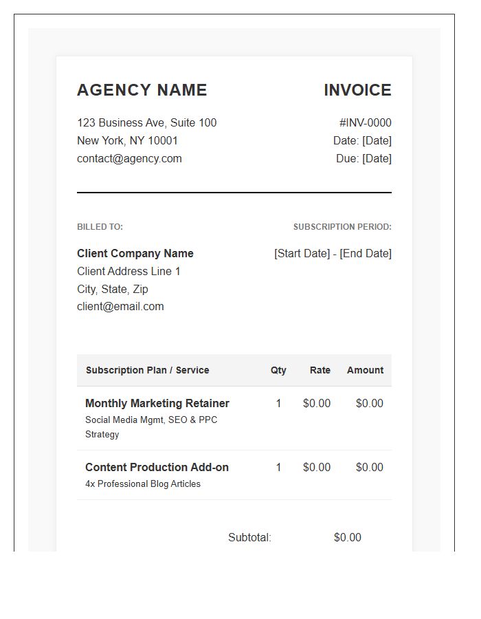 Professional Marketing Agency Subscription Invoice Template