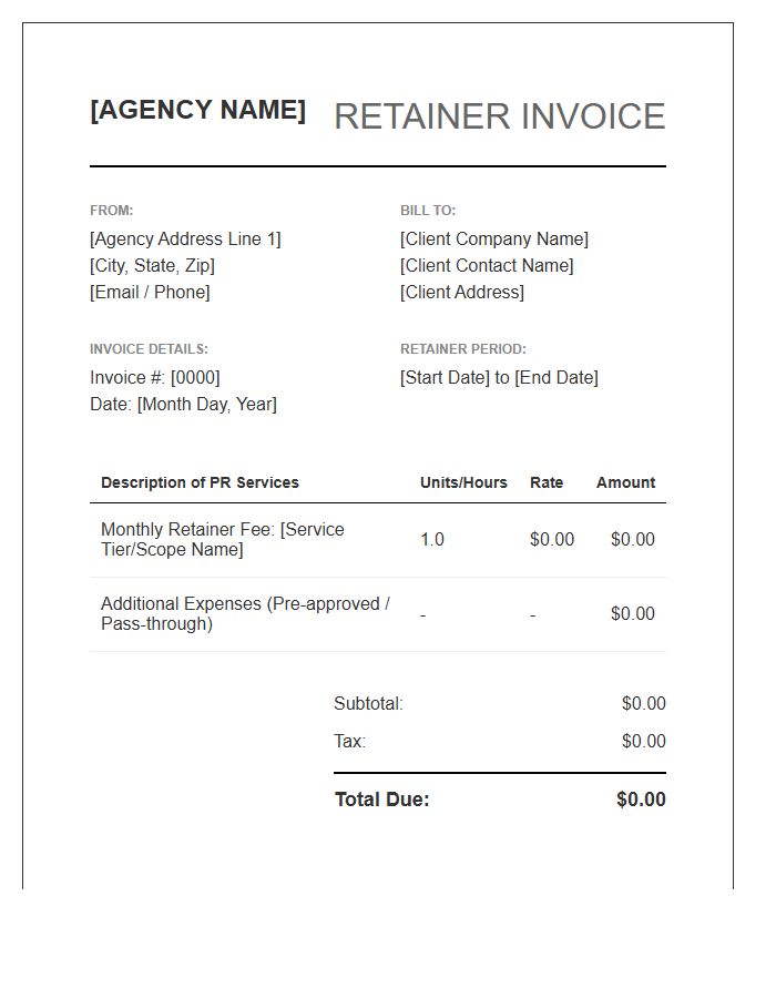 Public Relations Agency Retainer Invoice Template