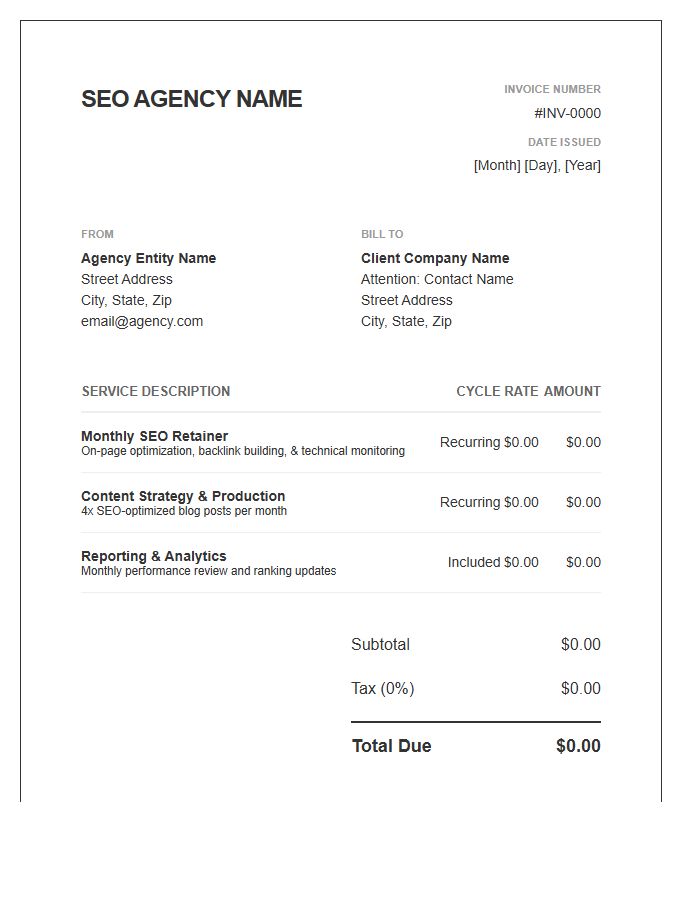 SEO Agency Retainer Recurring Invoice Template