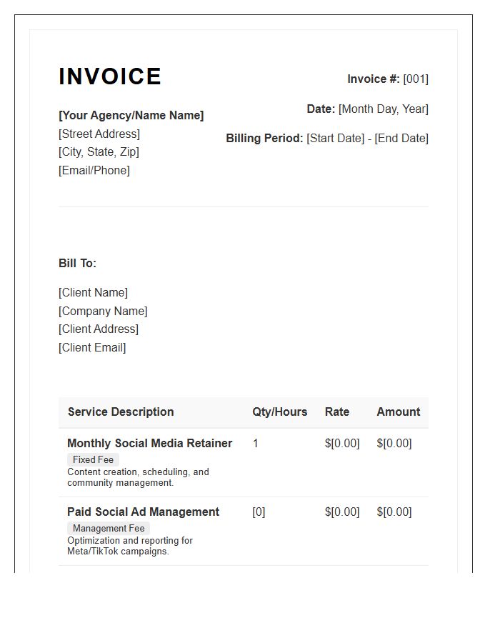Social Media Retainer Invoice Template Professional