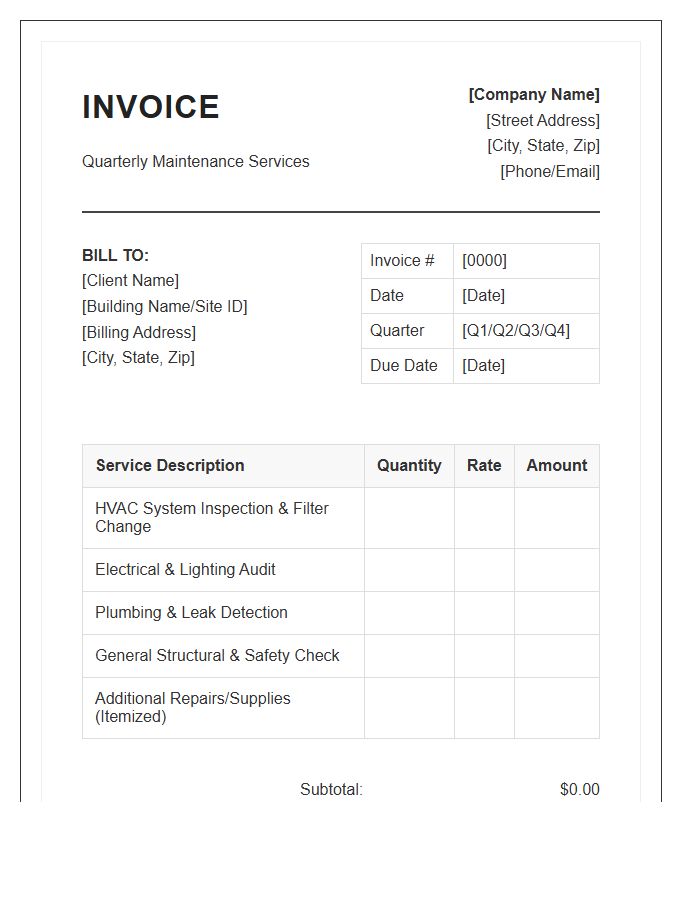 Commercial Building Maintenance Quarterly Invoice Template
