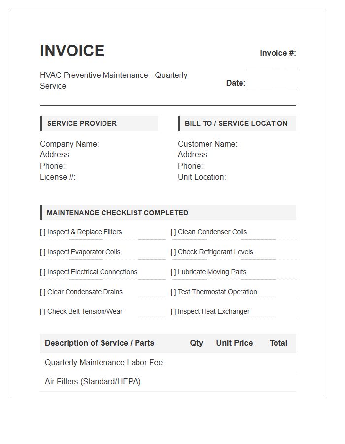 HVAC Quarterly Preventive Maintenance Invoice Template