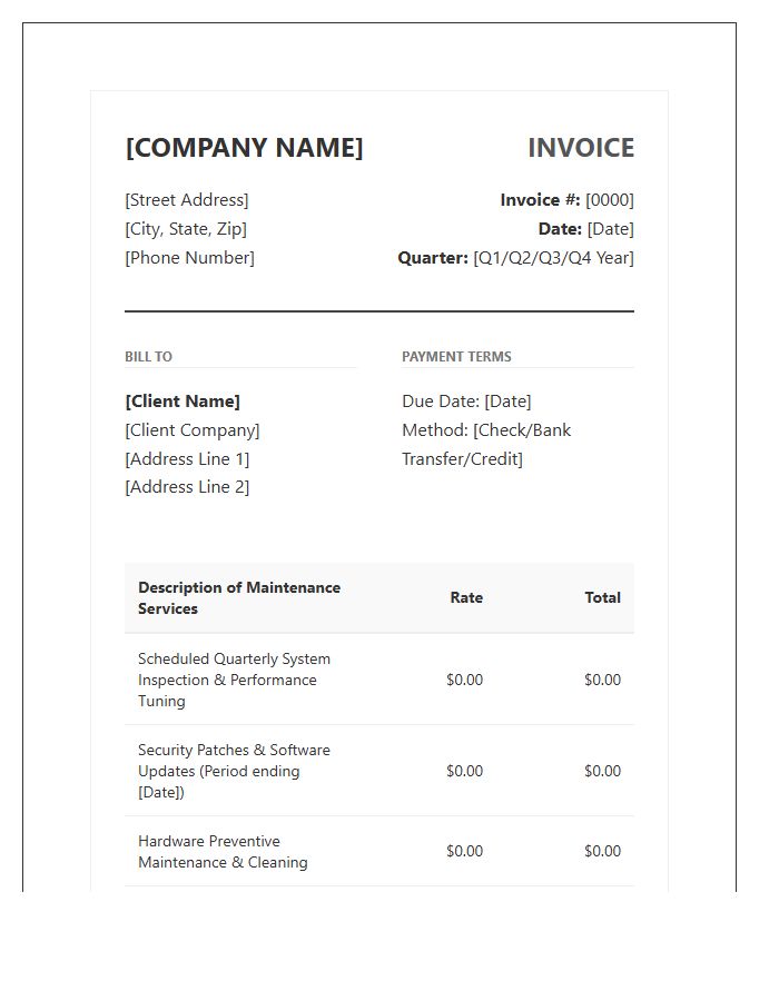Professional Quarterly Maintenance Billing Invoice Template