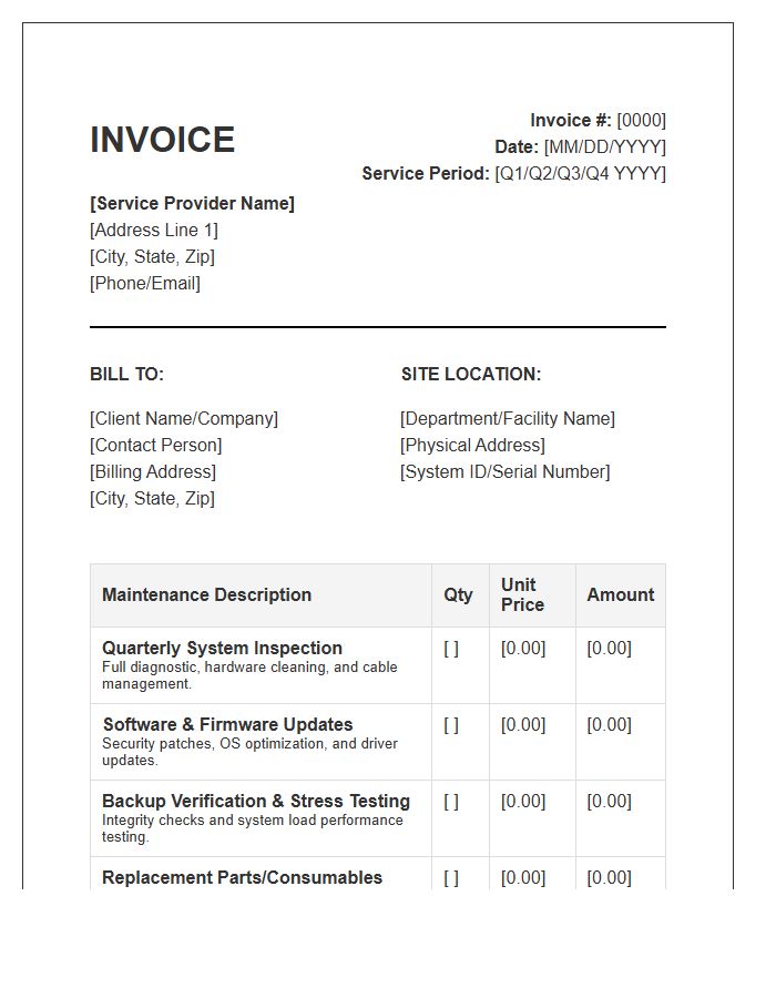 Quarterly Preventive System Maintenance Invoice Template