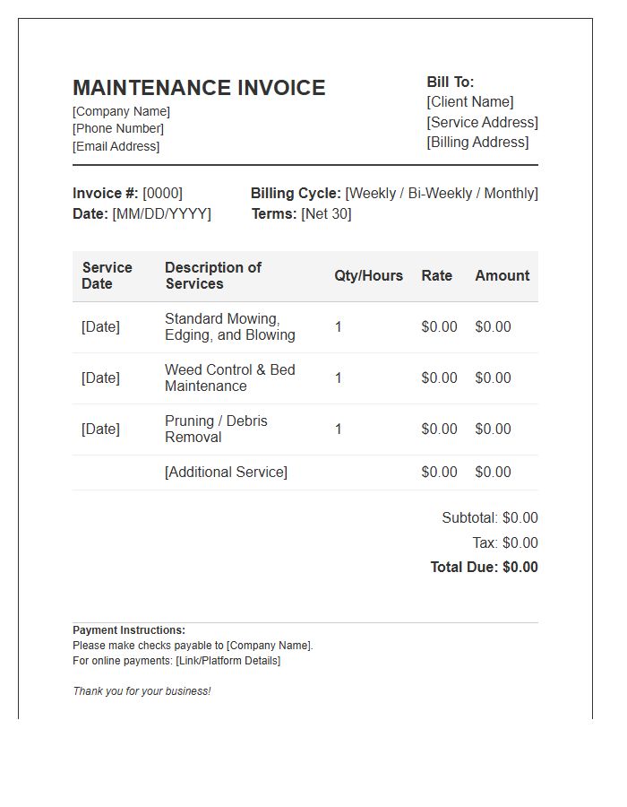 Recurring Landscape Maintenance Service Invoice Template