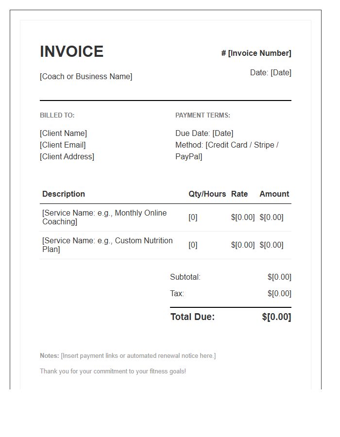 Automated Fitness Coaching Invoice Template