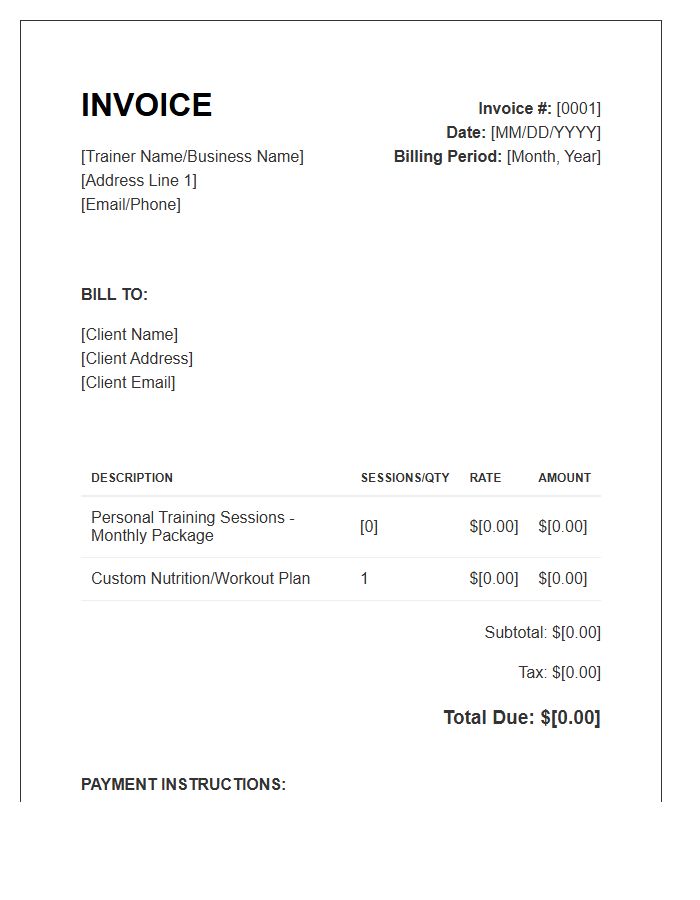 Billed Monthly Personal Training Invoice Template