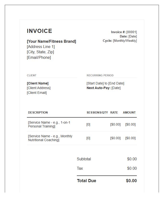 Fitness Professional Recurring Service Invoice Template