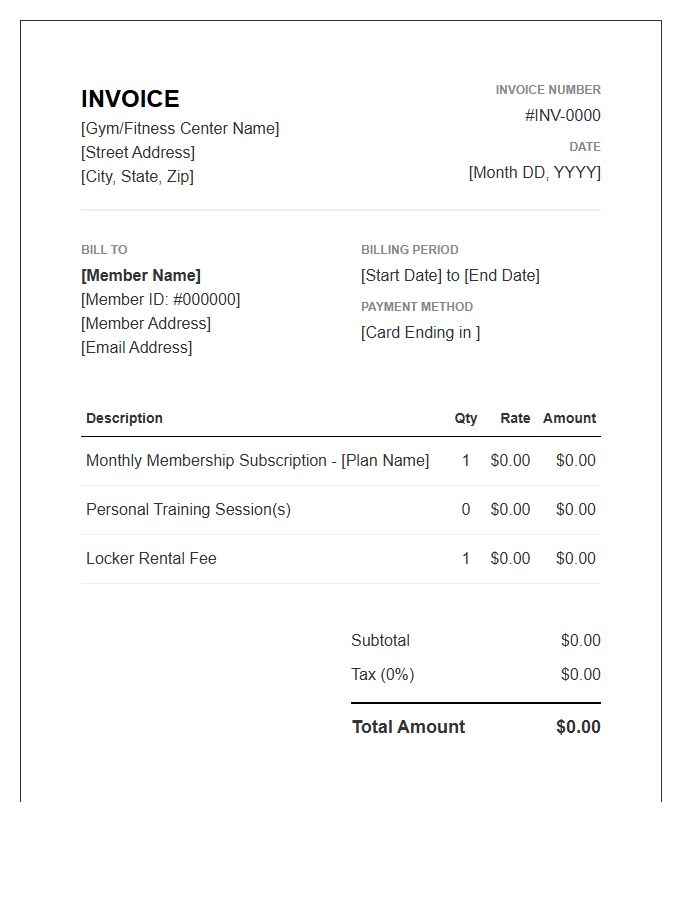 Monthly Fitness Membership Billing Invoice Template