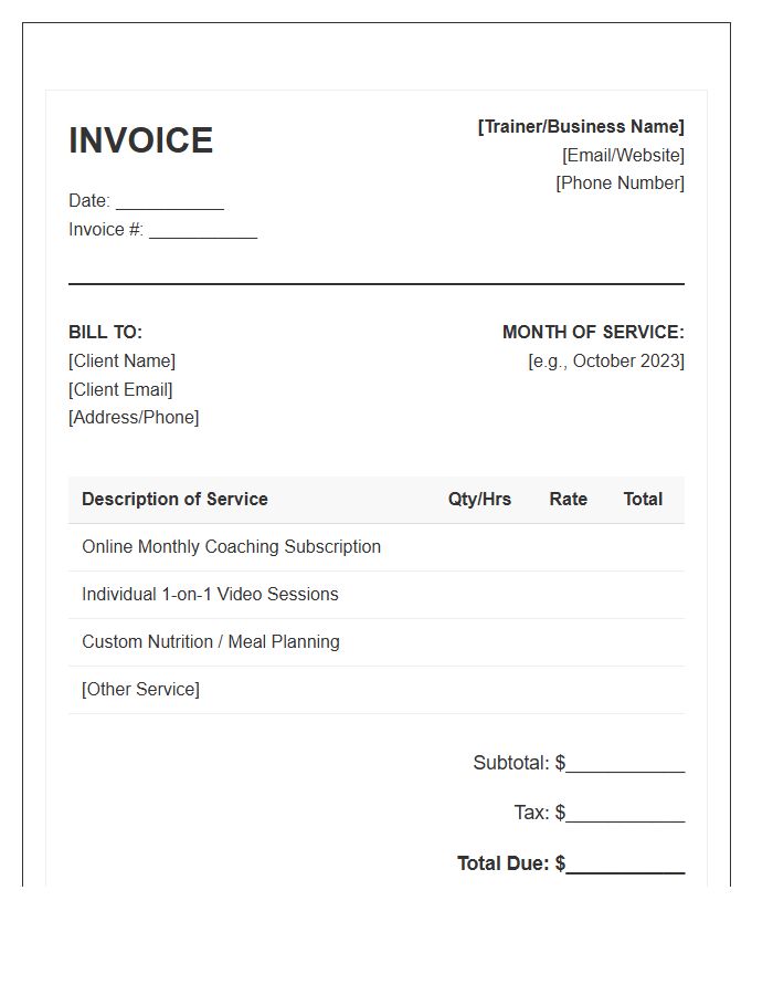 Online Personal Trainer Monthly Invoice Template