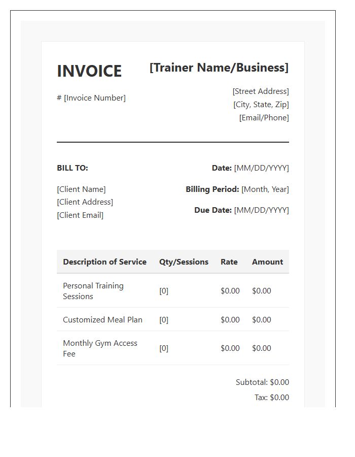Personal Trainer Monthly Billing Invoice Template