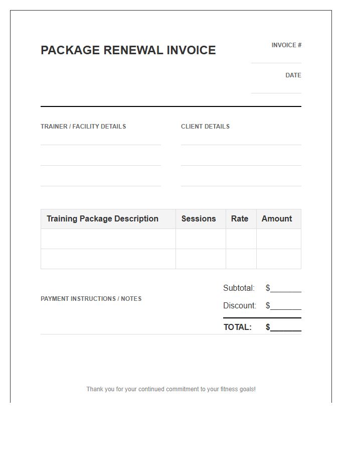 Personal Training Package Renewal Invoice Template