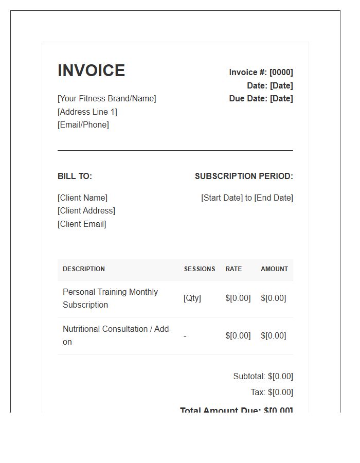 Personal Training Subscription Billing Invoice Template