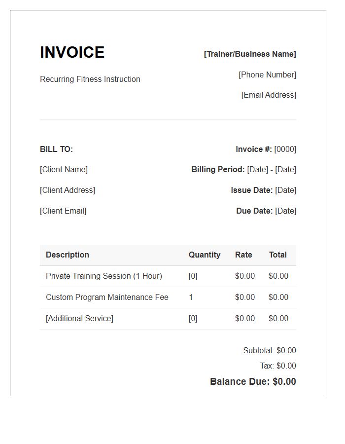 Private Fitness Instruction Recurring Invoice Template