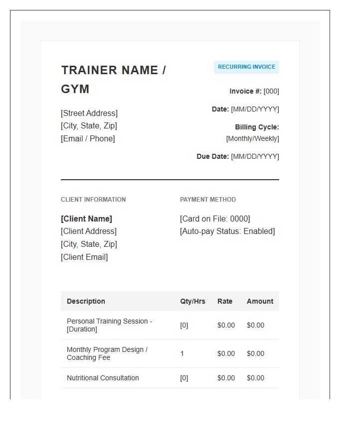 Professional Fitness Trainer Recurring Invoice Template