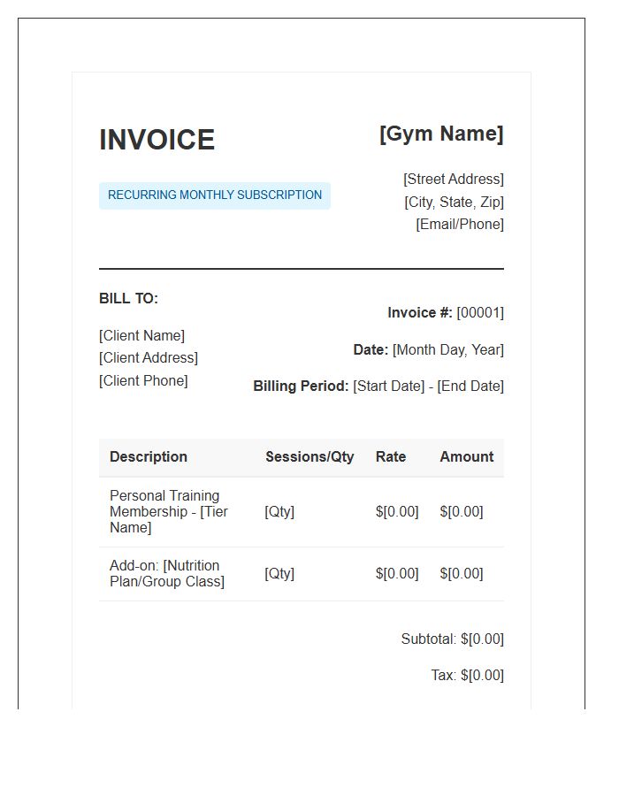 Recurring Gym Personal Training Invoice Template