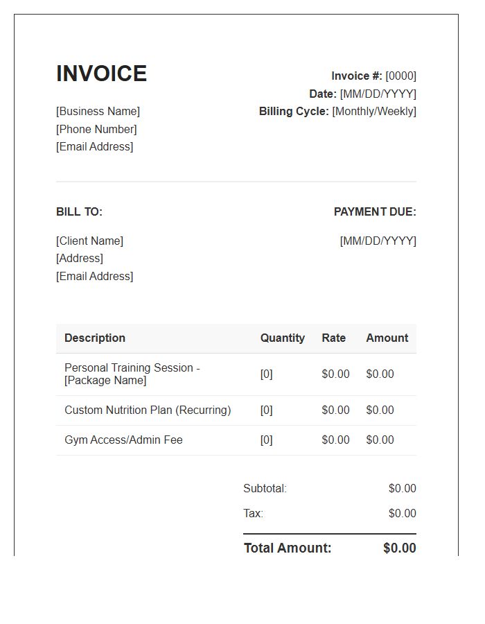 Recurring Personal Training Service Invoice Template