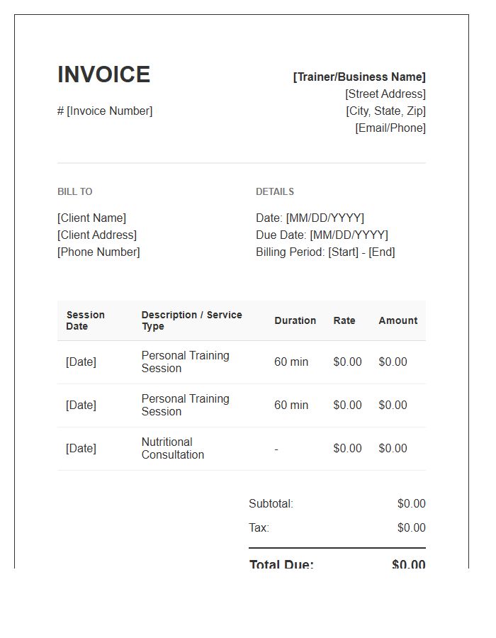 Scheduled Personal Training Service Invoice Template