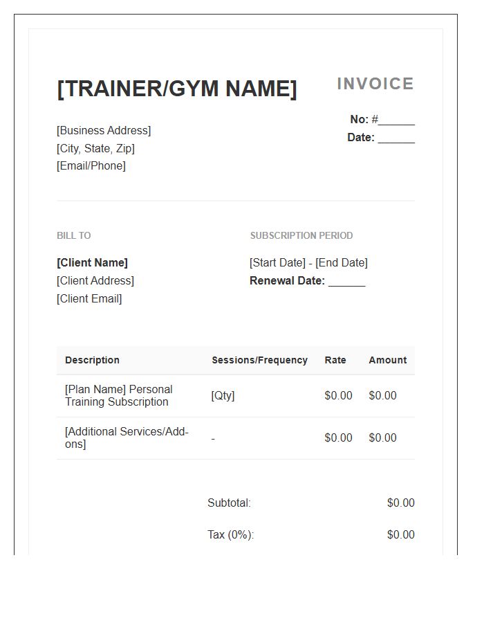 Subscription Based Personal Training Invoice Template