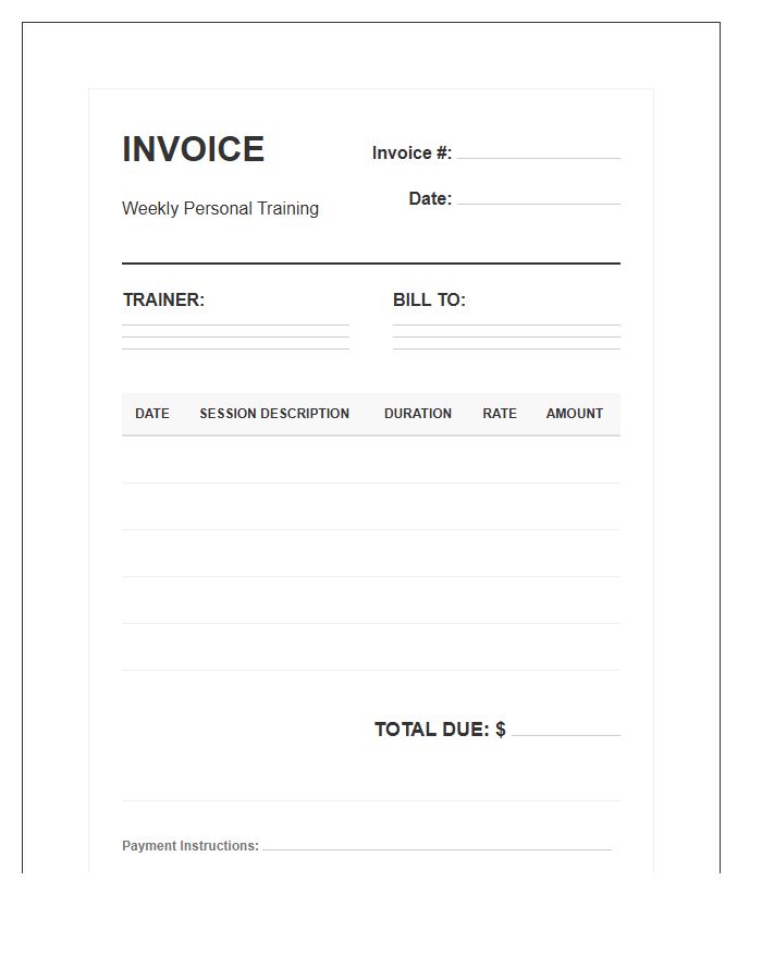 Weekly Personal Trainer Billing Invoice Template