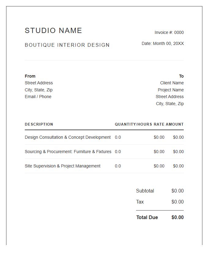 Boutique Interior Design Firm Invoice Template