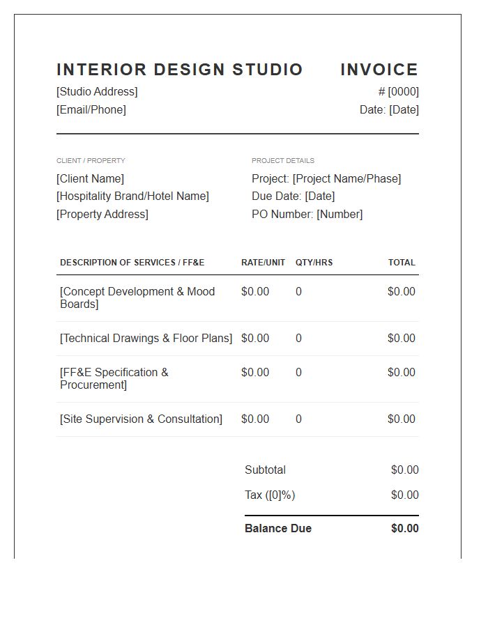 Hospitality Interior Design Invoice Template