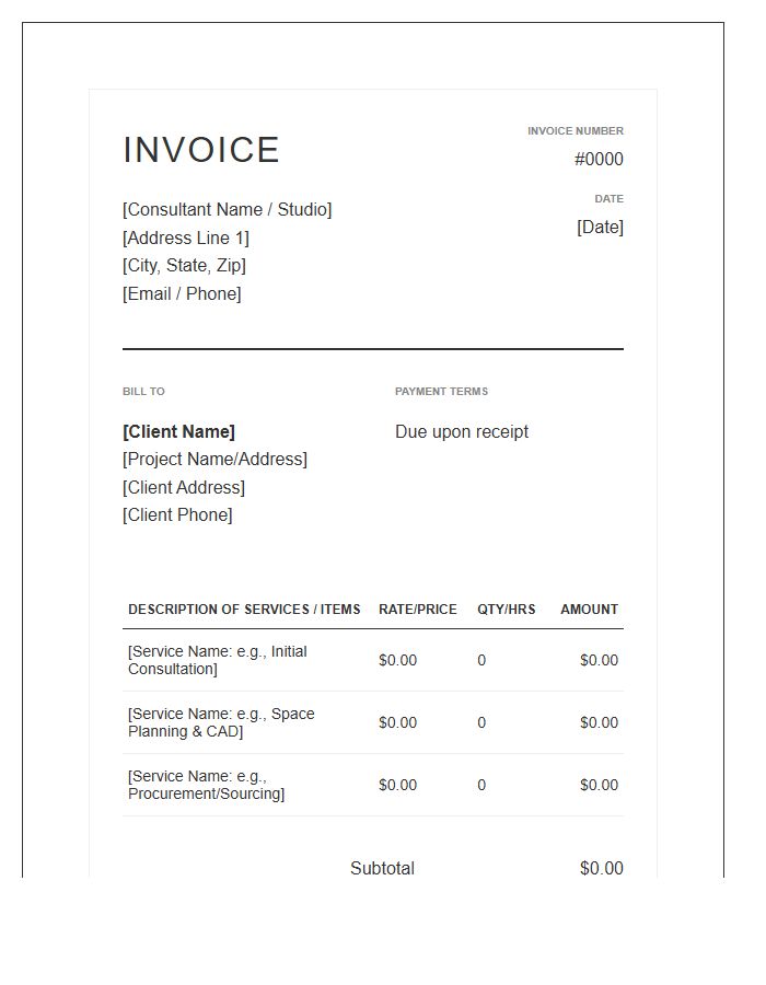 Interior Design Consultant Billing Invoice Template