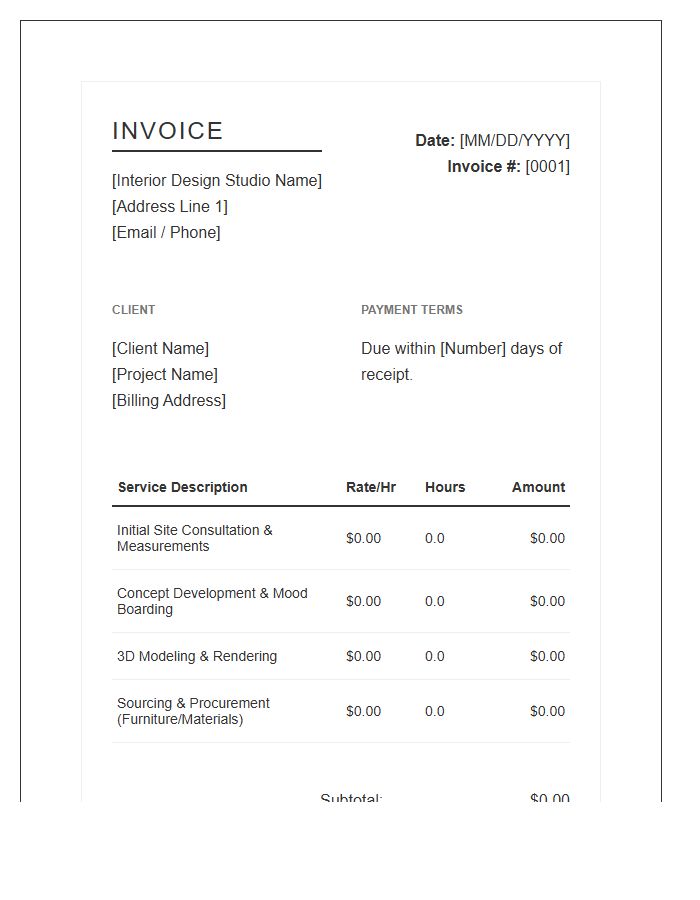 Interior Design Hourly Rate Invoice Template