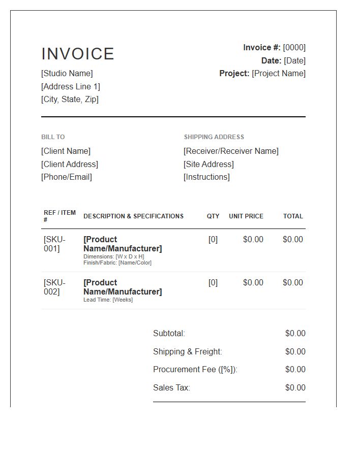 Interior Design Procurement Invoice Template