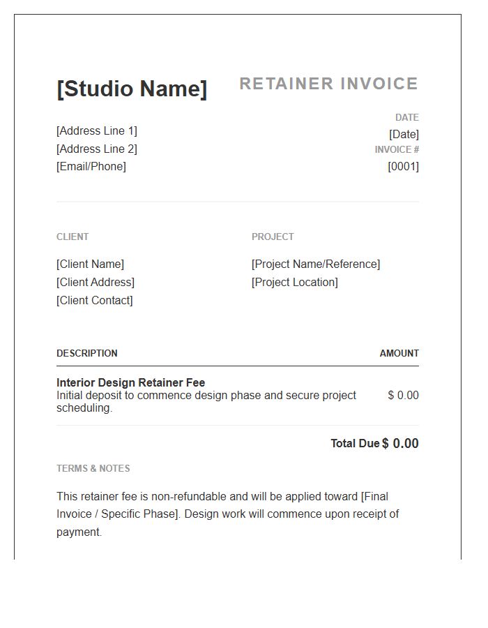 Interior Design Retainer Fee Invoice Template