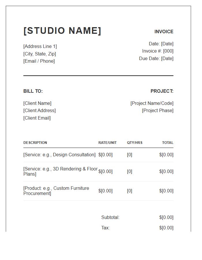 Interior Design Studio Project Invoice Template