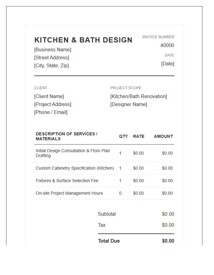 Kitchen And Bath Design Invoice Template