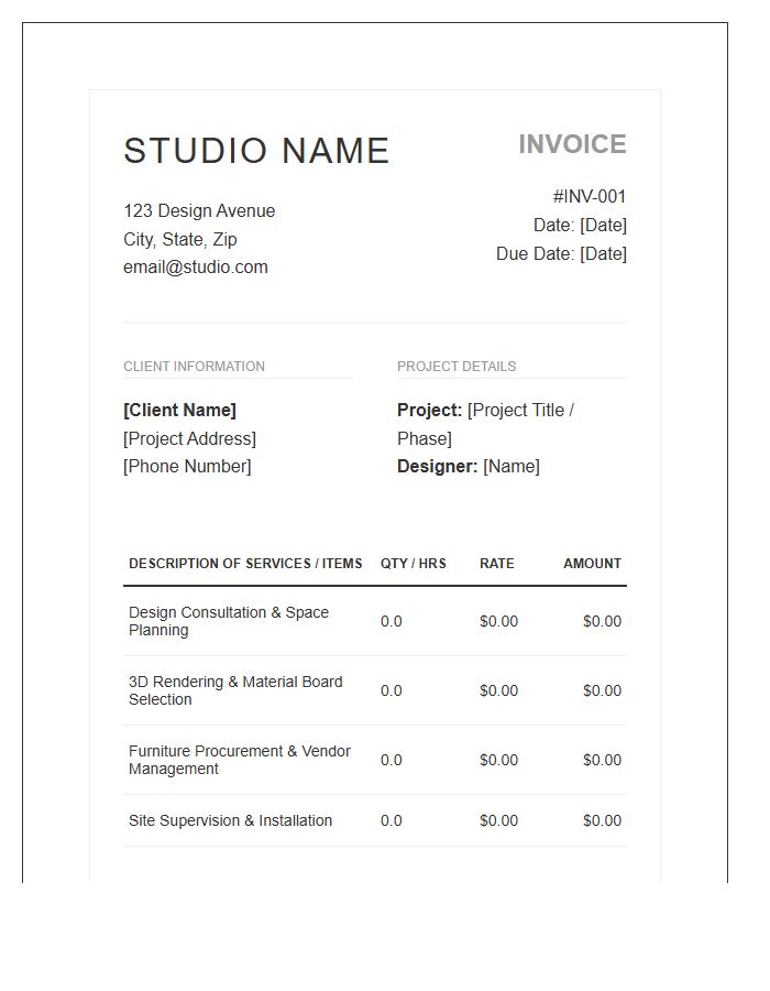 Professional Interior Design Project Invoice Template