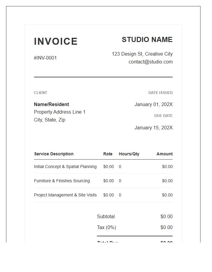 Residential Interior Design Service Invoice Template