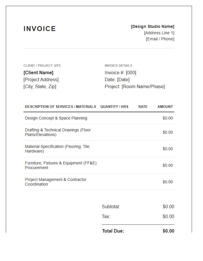 Residential Remodeling Interior Design Invoice Template