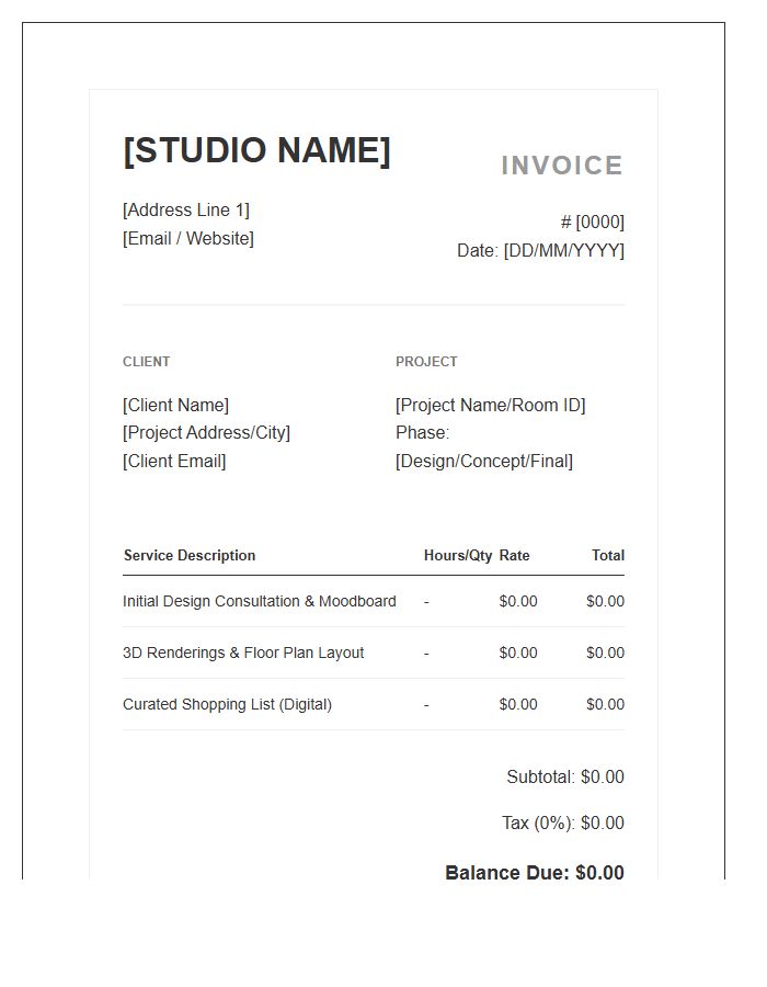 Virtual Interior Design Project Invoice Template