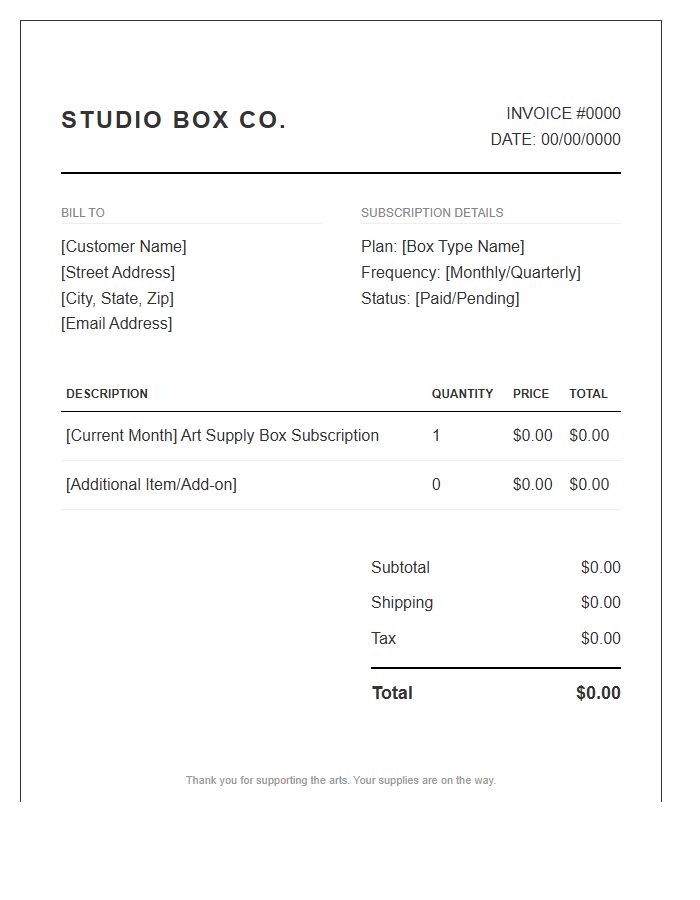 Art Supply Subscription Box Invoice Template
